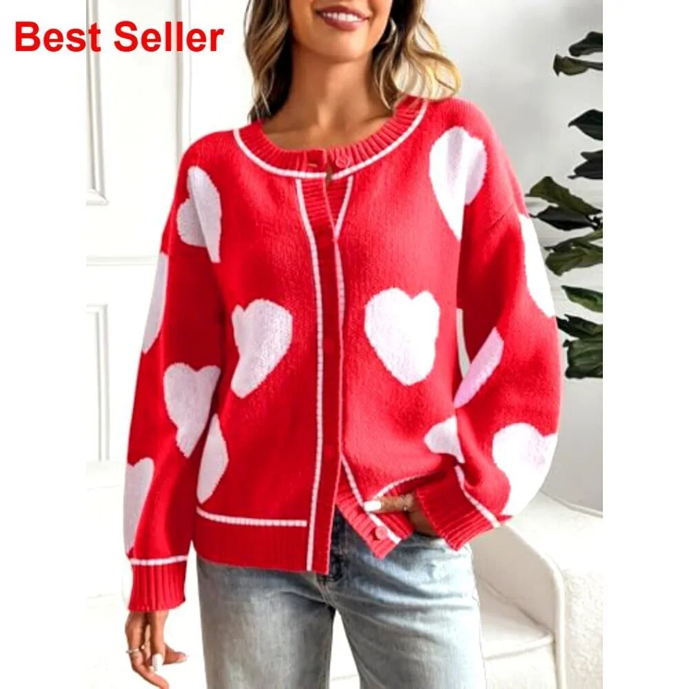 Chunky Knit Heart Cardigan Sweater Crewneck Long Sleeve Button Down